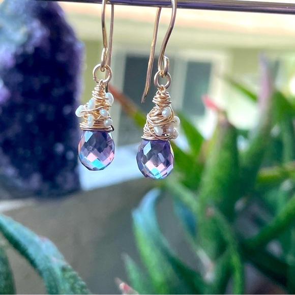 Alexandrite Crystals And Pearls Artisan Earrings 14K Gold Filled - Picture 3 of 16